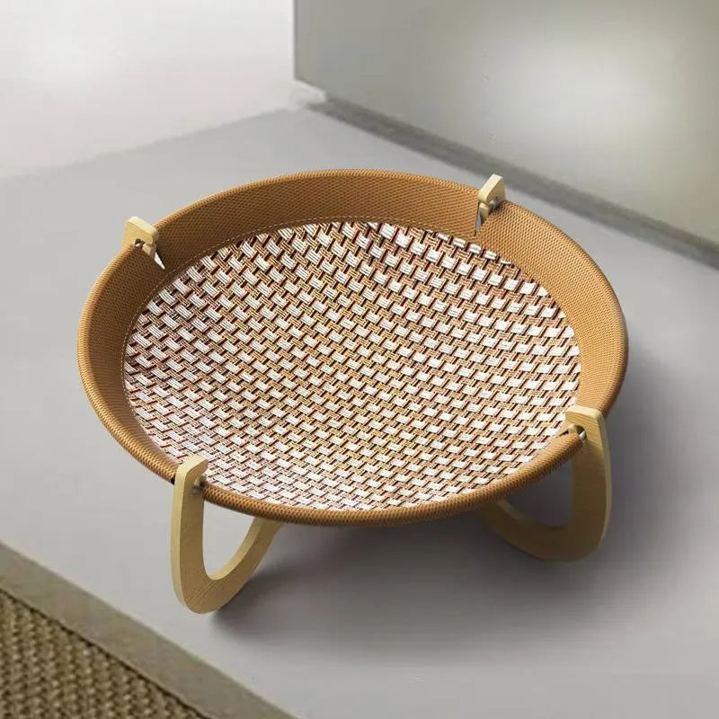 Brown woven rattan pet hammock measuring 46cm with raised sleeping platform for cats and small dogs