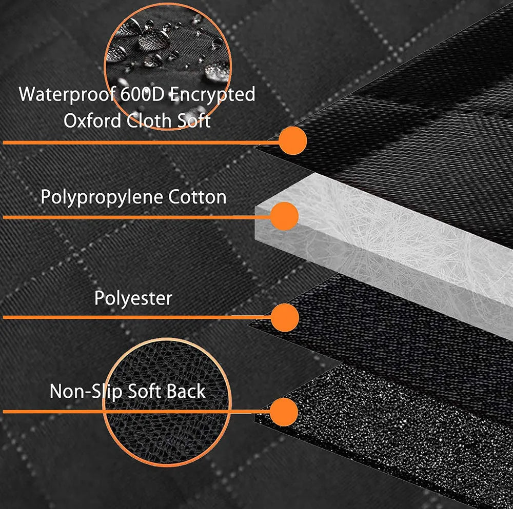 Black dog car seat cover with orange edging, showing mesh window and storage pocket on rear seat