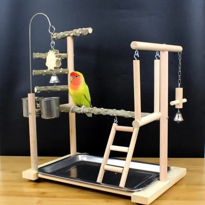 Pepper wood parrot stand with platform, pole, and attached patterned chew toys