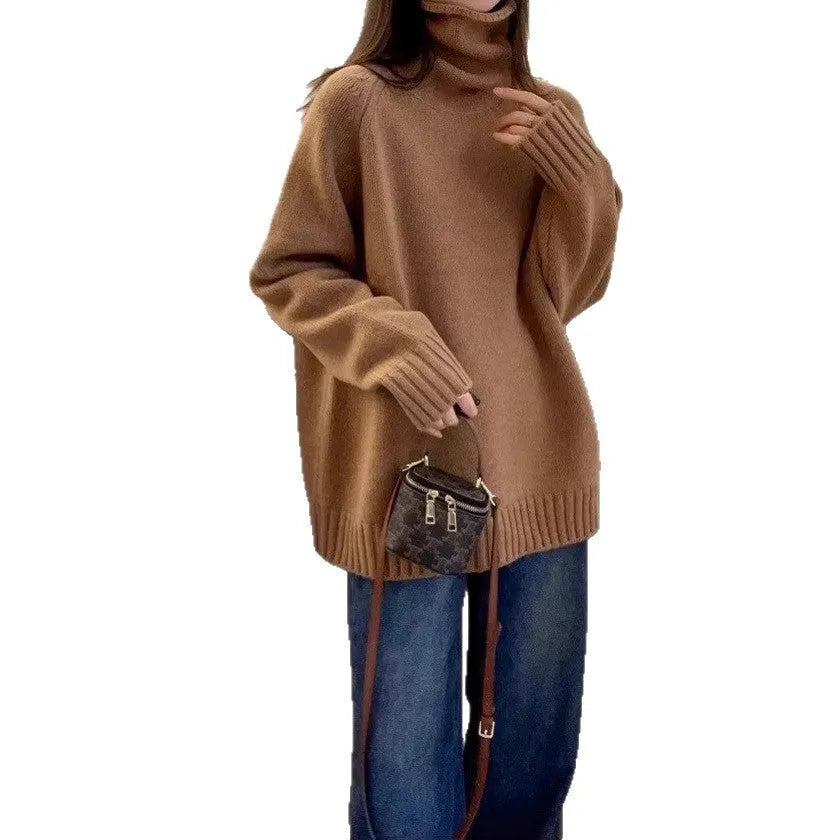 Women's loose thick turtleneck sweater with curling pile collar in red, camel, gray, or black