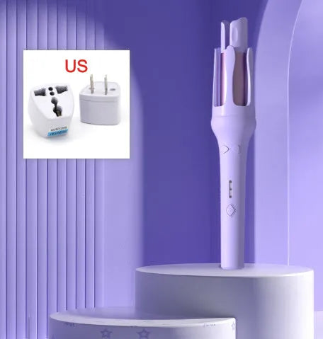 White automatic hair curler with 32mm barrel showing pink or purple colour accents and included power adapter