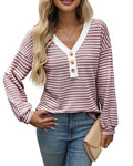 Women's loose-fit V-neck pullover top with patchwork long sleeves in apricot colour.