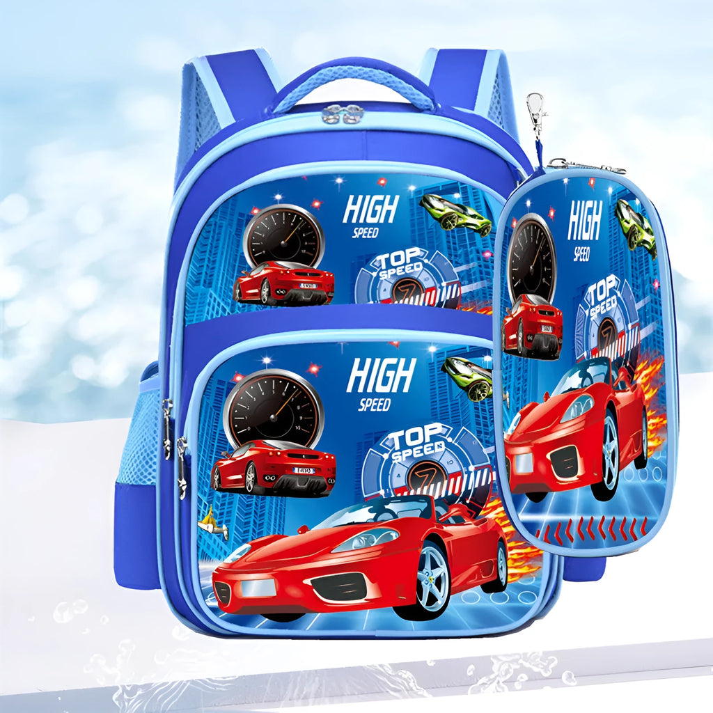 Blue children's backpack with anime cartoon print showing front compartment and shoulder straps