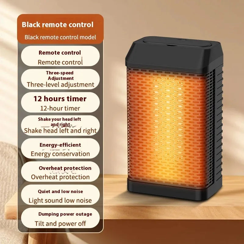 Black desktop smart heater with remote control, shaking head mechanism, and digital display