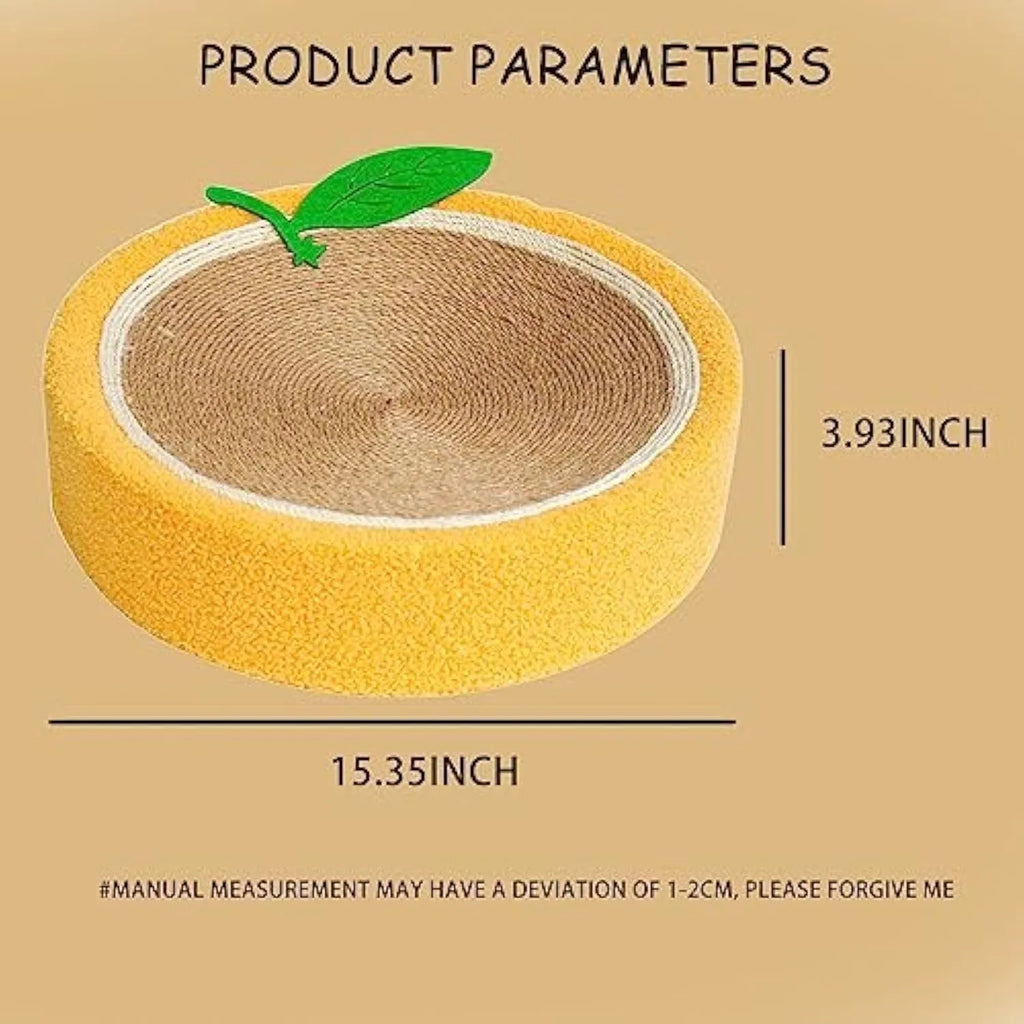 Yellow round sisal cat scratching board and bed combo for small breed cats.