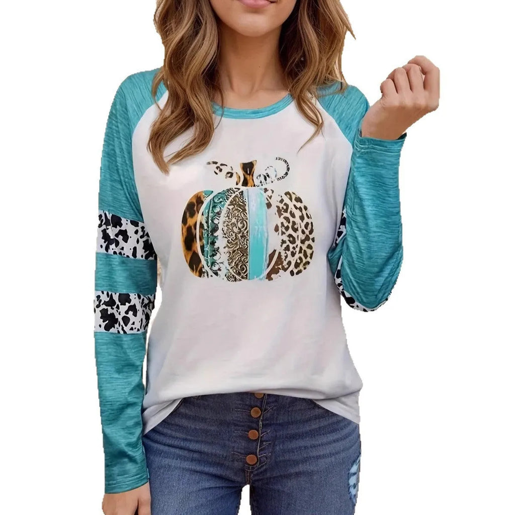 White Halloween t-shirt with 3D pumpkin print and sky blue colour in Japanese Korean casual style