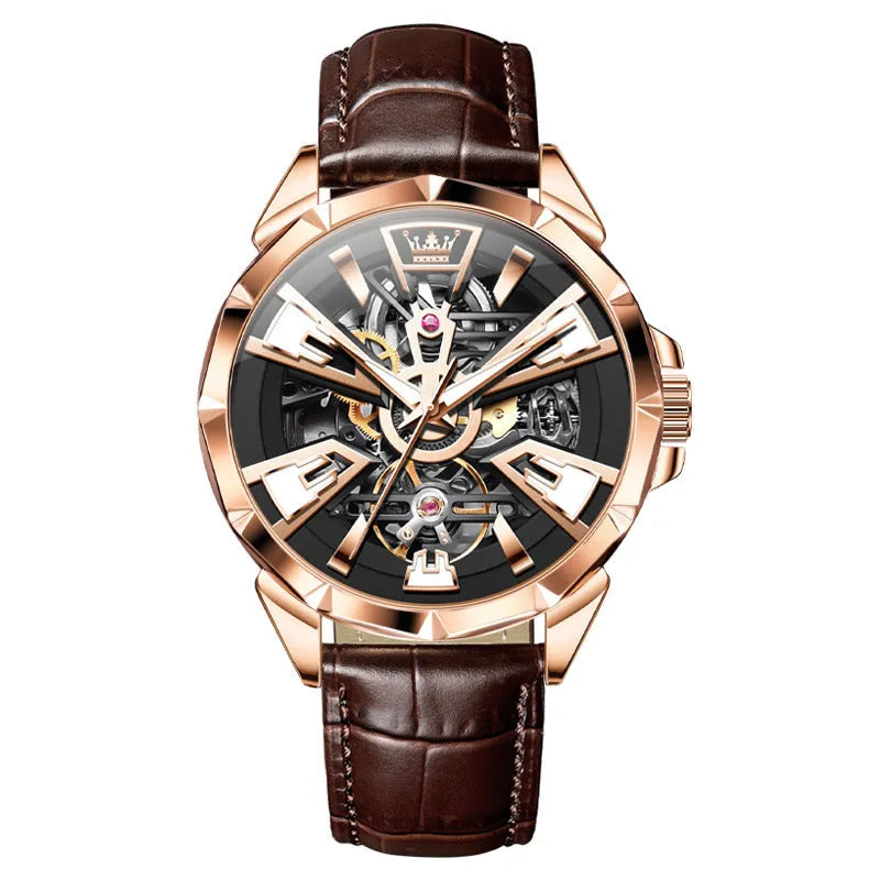 Men's automatic mechanical watch with hollow skeleton dial showing movement through 44mm barrel-shaped case