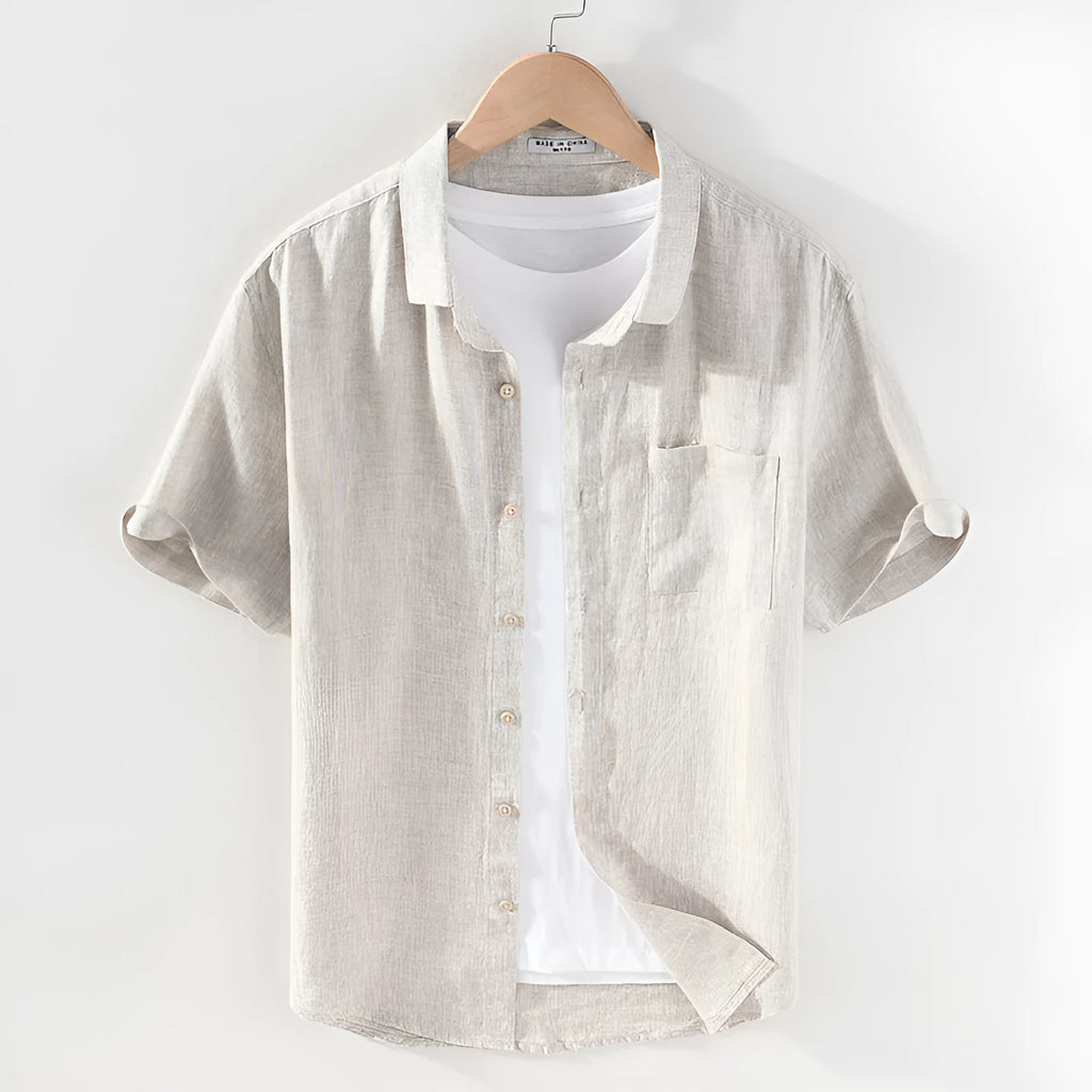 Men's raw jute and grey linen short sleeve shirt with square collar on hanger.