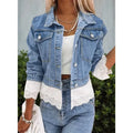Blue denim jacket with lace stitching decoration, long sleeves, adult lady style