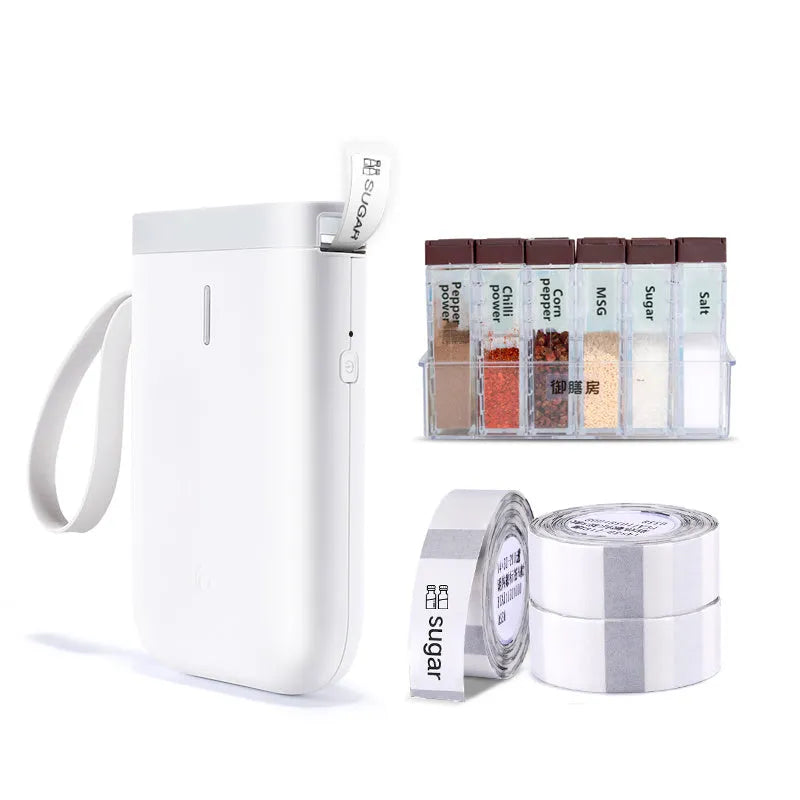 D11 Bluetooth thermal label printer in various colours, shown next to a mobile phone displaying the label design app.