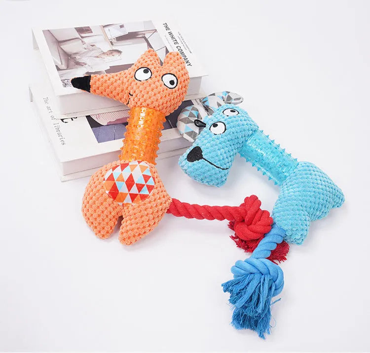 Blue TPR corn kernel dog toy in Fox shape with attached cotton rope tail