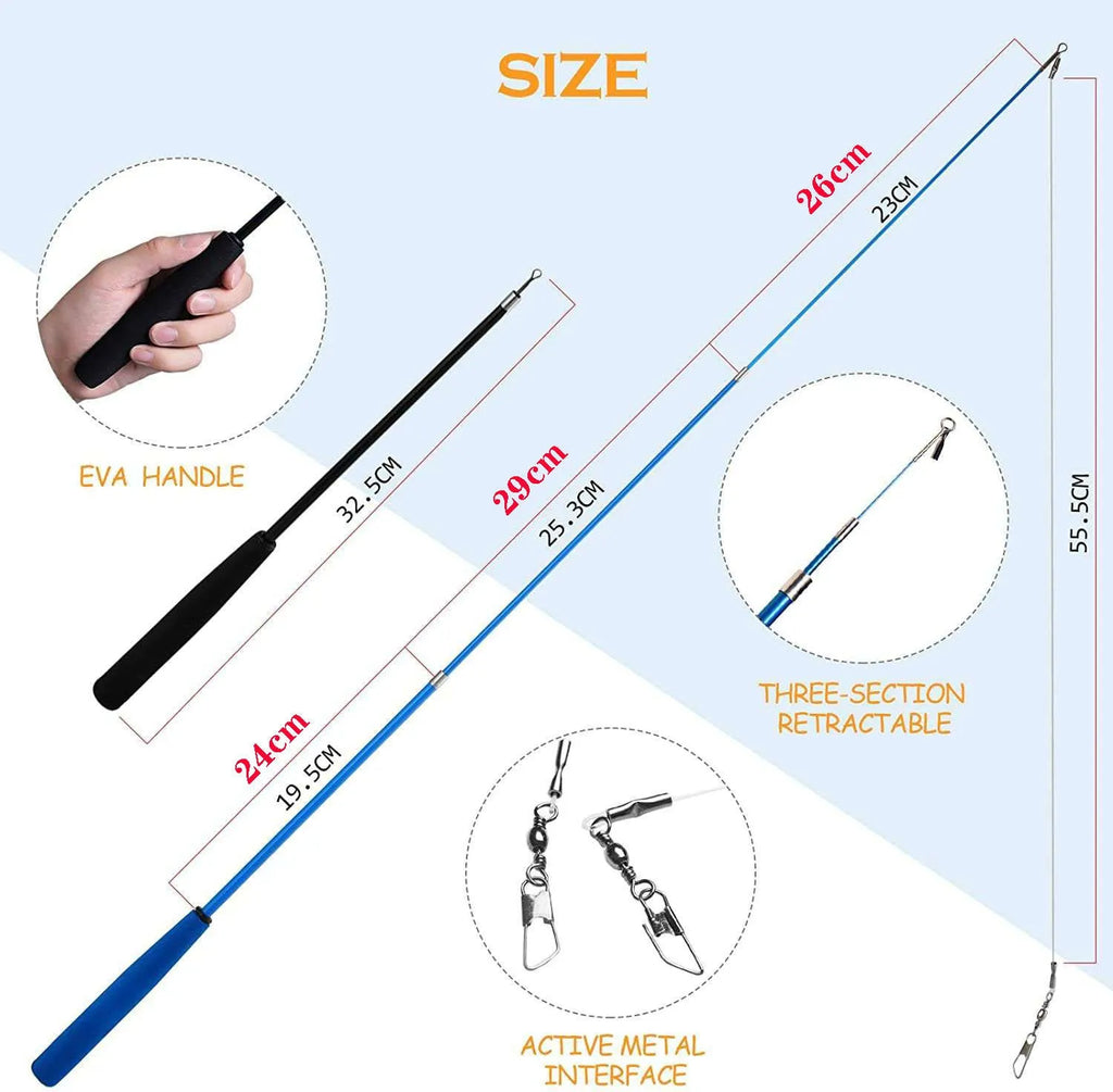 Cat teasing rod set with two fishing pole handles and ten colourful feather replacement heads