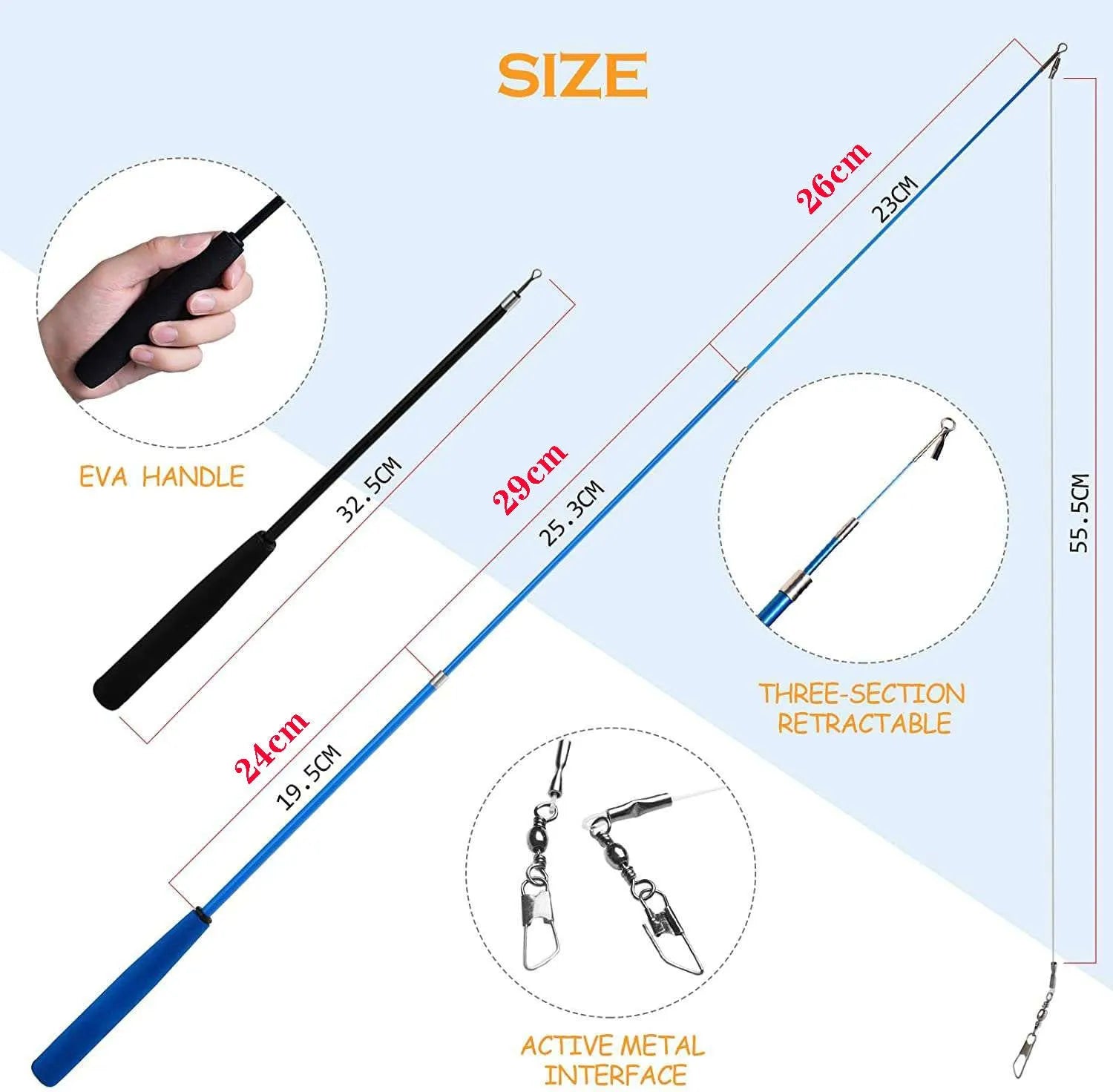 Cat teasing rod set with two fishing pole handles and ten colourful feather replacement heads