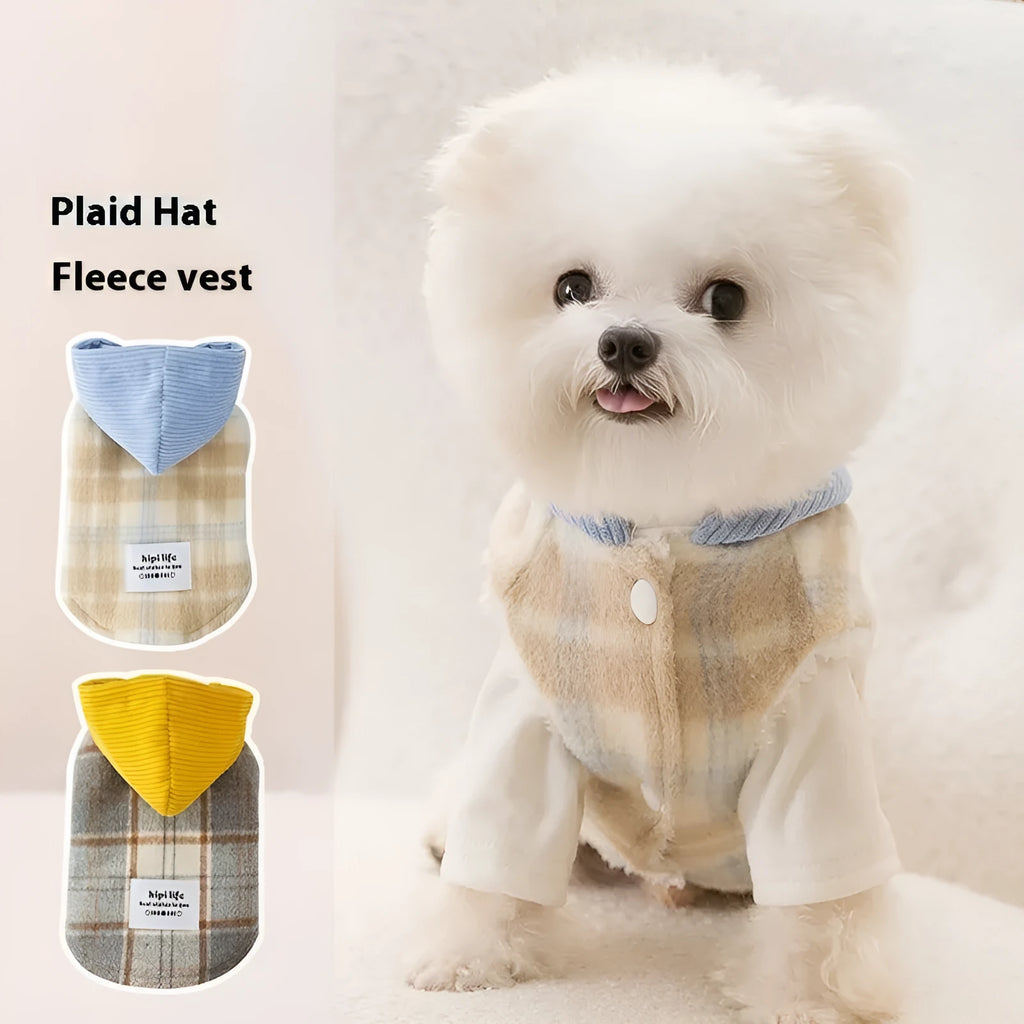 Blue corduroy pet hooded vest with chessboard grid pattern showing hood and traction design
