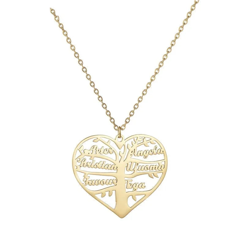 Personalised women's stainless steel necklace with a hollow heart and tree pendant engraved with names, shown on a model.
