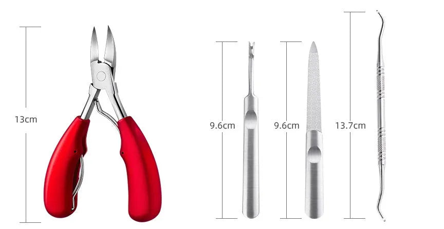 Stainless steel nail clippers with red, blue, black, and silver ABS plastic handles.
