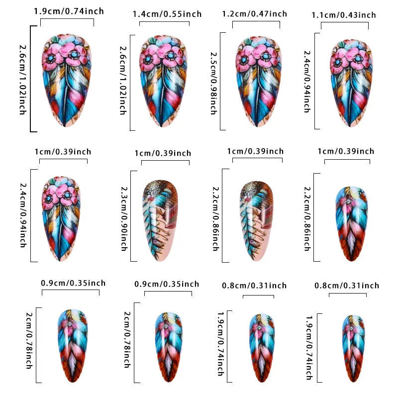 Retro colour feather nail art set with jelly glue burnishing stick and decorative patterns.