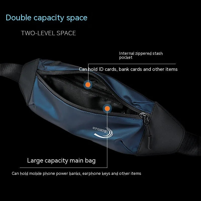 Blue waterproof polyester waist bag for men, shown on a waist, with adjustable strap.