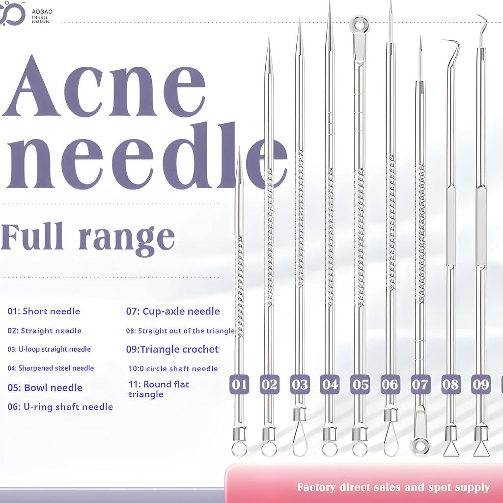 Four silver metal acne needles with pointed tips laid out on a surface.