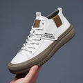 Men's sports casual leather white shoes with round toe, front lace-up, and rubber sole, mid-top design