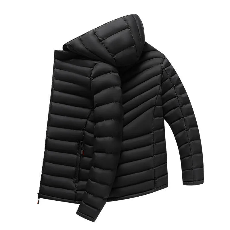 Men's lightweight down cotton-padded hooded jacket in cardigan style with detachable collar.