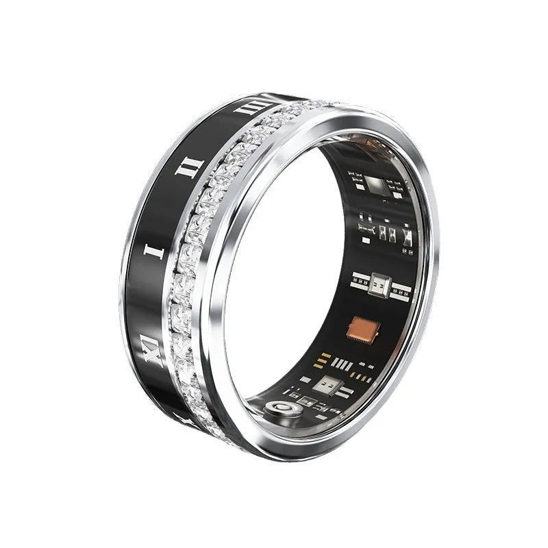 Silver and gold smart ring with diamond inlay showing blood oxygen monitoring functionality