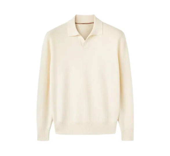 Men's pure wool polo sweater with lapel collar in milky white colour