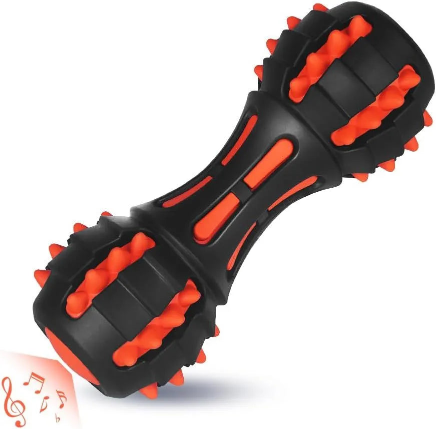 Red natural rubber dumbbell-shaped dog chew toy for aggressive chewers