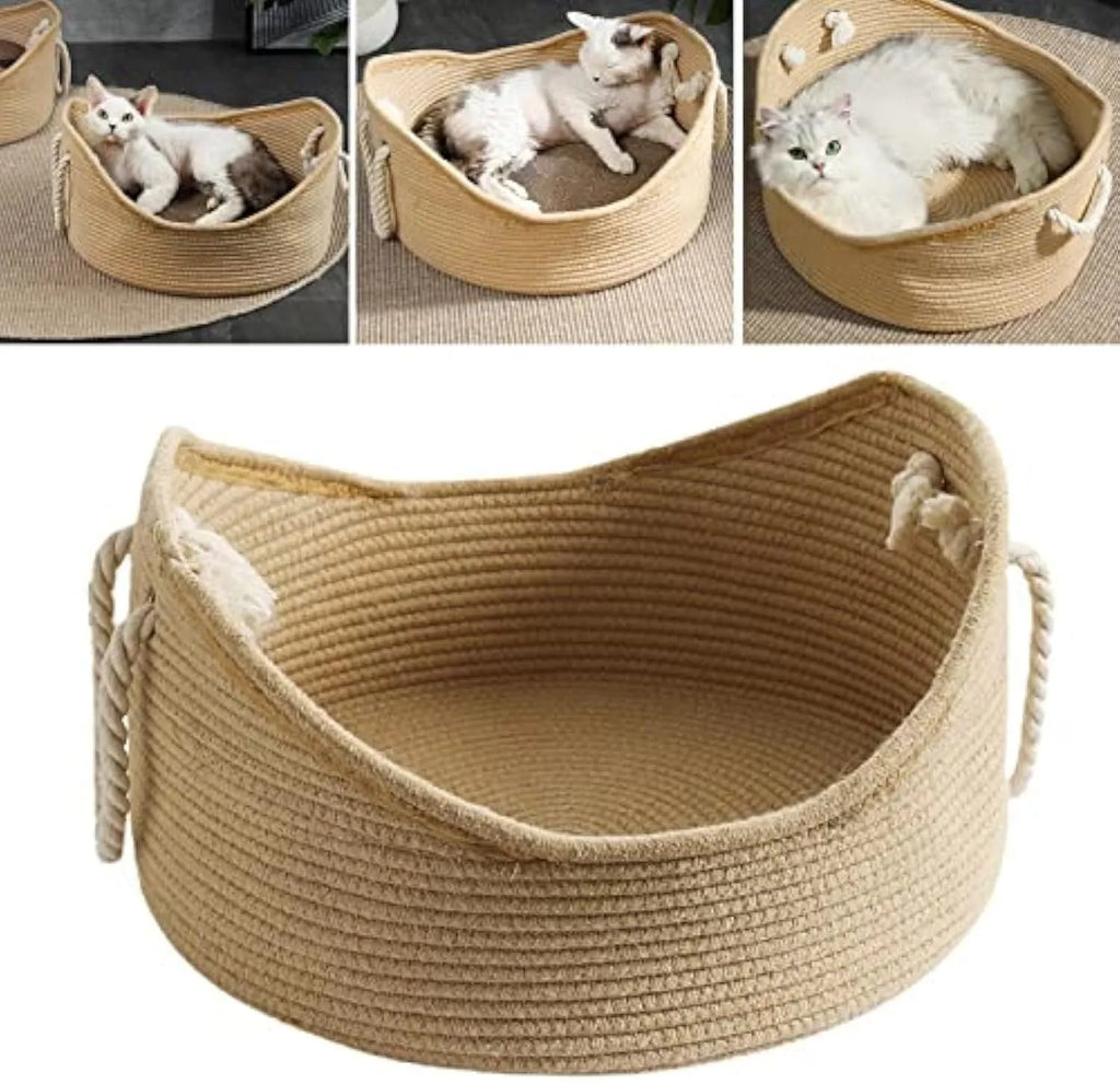 Wicker-style cat bed basket with a corrugated scratching board inside.