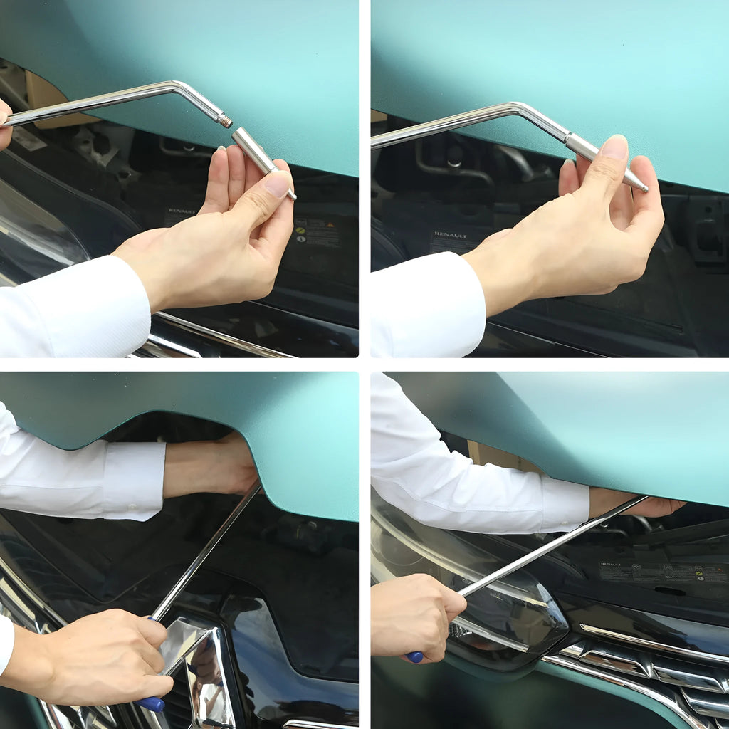 Three alloy steel car dent repair tools: hooks and crowbars for body panel repair.