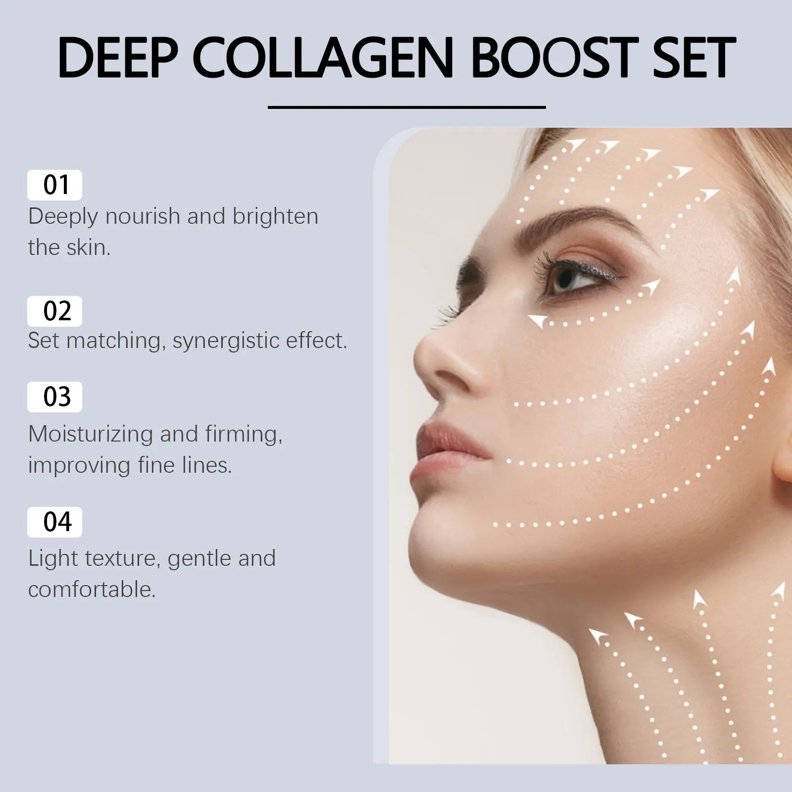 Collagen moisturising skincare set with a facial mask and a 30ML bottle of essence serum.