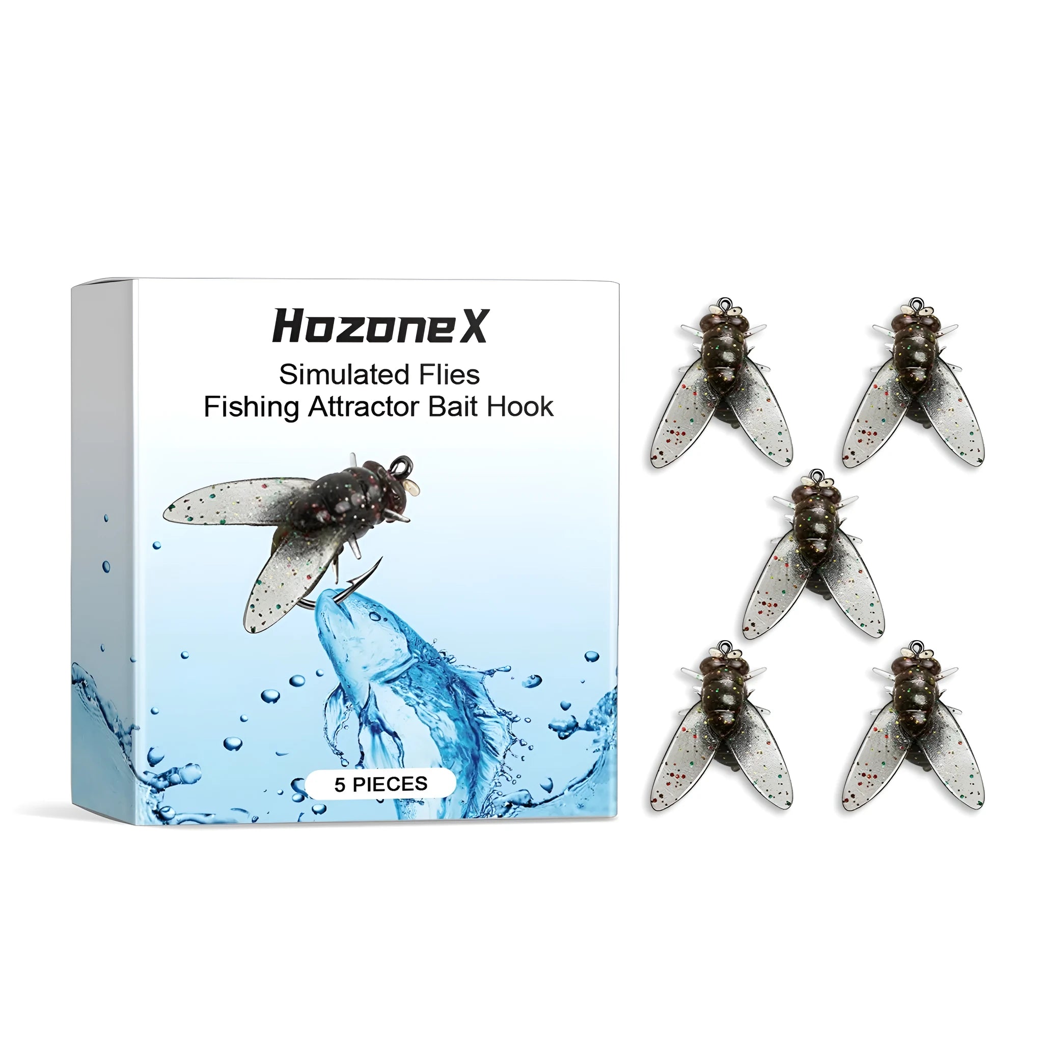 Five small, insect-shaped soft fishing baits on a blue background, each measuring 1.5 cm.
