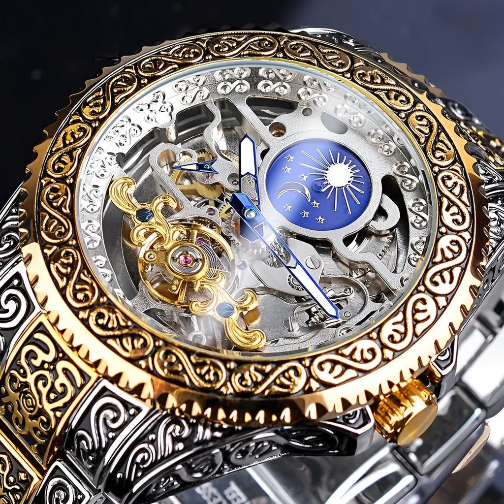Forsining skeleton automatic mechanical watch with yellow stainless steel case showing visible movement