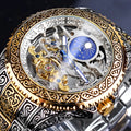 Forsining skeleton automatic mechanical watch with yellow stainless steel case showing visible movement