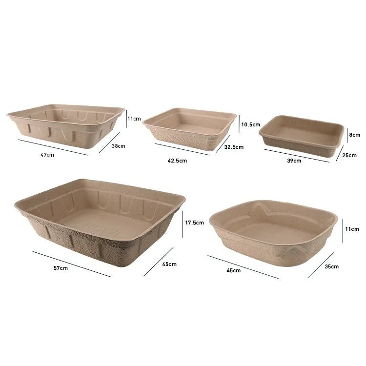 Brown disposable waterproof cat litter box shown in one of three available sizes.