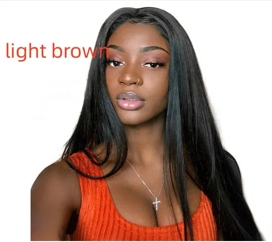 Long black straight hair wig with centre-parted bangs on a model