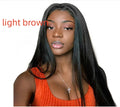 Long black straight hair wig with centre-parted bangs on a model