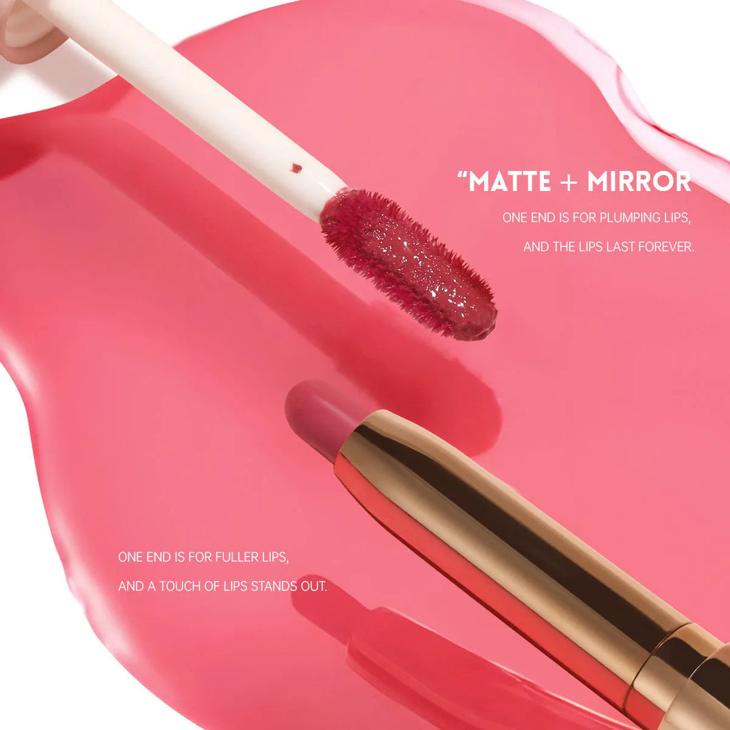 Double-headed lipstick and lip gloss cosmetic in 10 colour options with matte finish