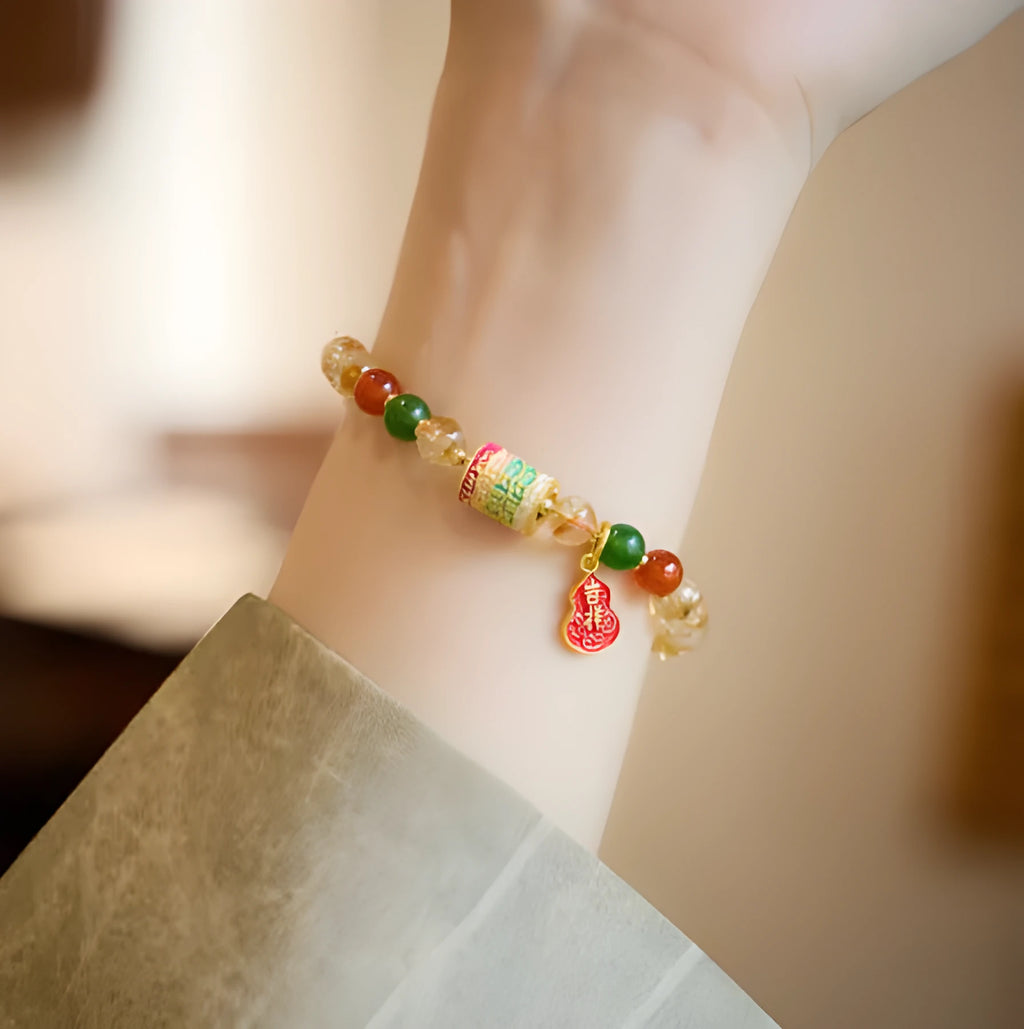 Hand-woven citrine crystal bracelet with geometric five-warp pattern and 6mm beads