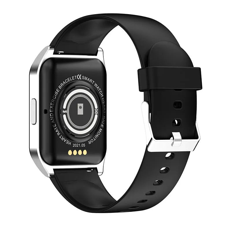 Black and silver smart watch with heart rate monitor on a silicone wrist strap, showing a 1.69-inch display