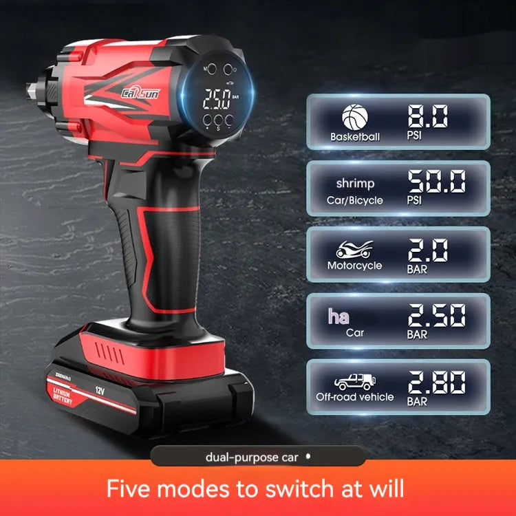 Red and black portable car air pump with cigarette lighter plug, multiple nozzles, and 3m power cable