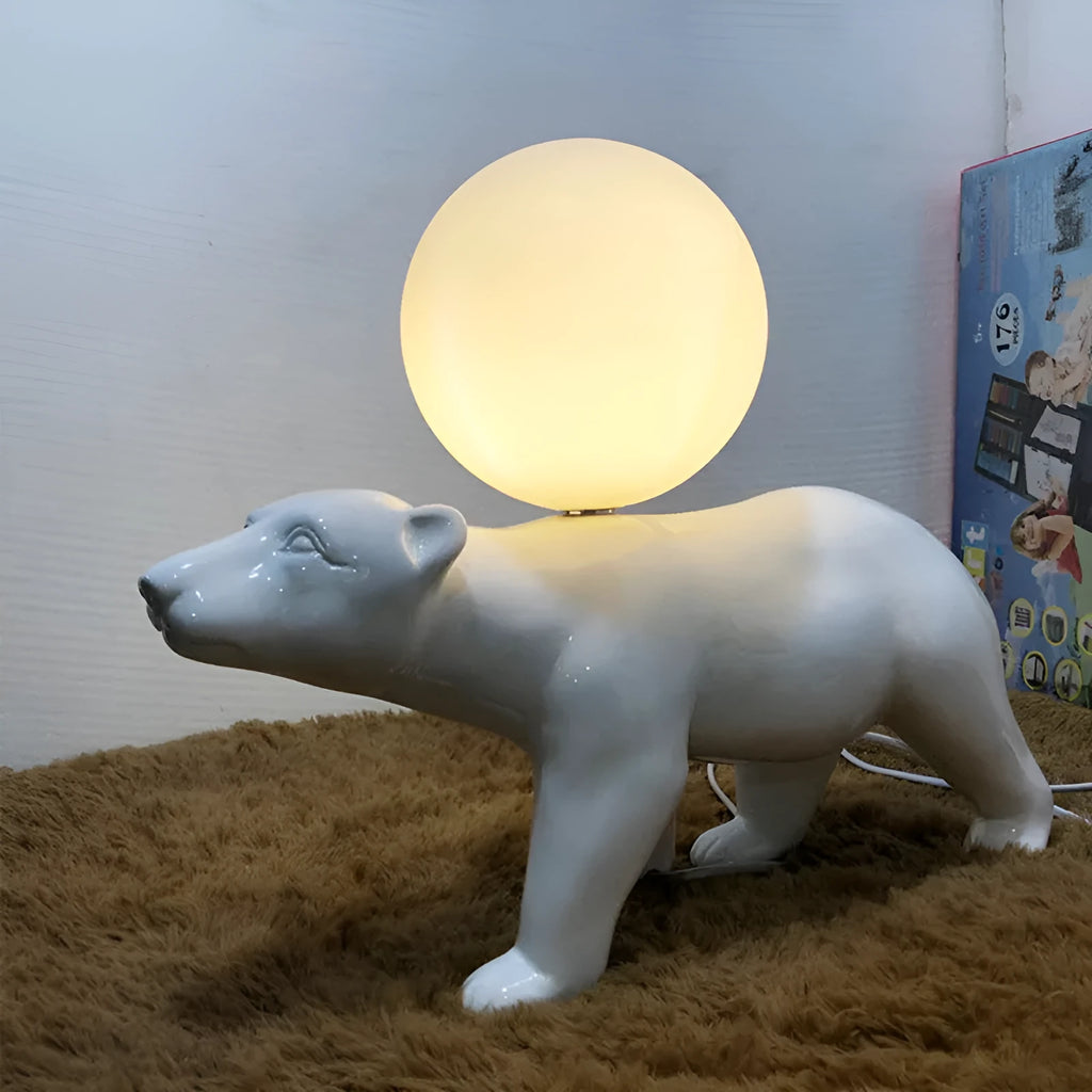 Modern Nordic style white bear table lamp in sitting posture on bedside table