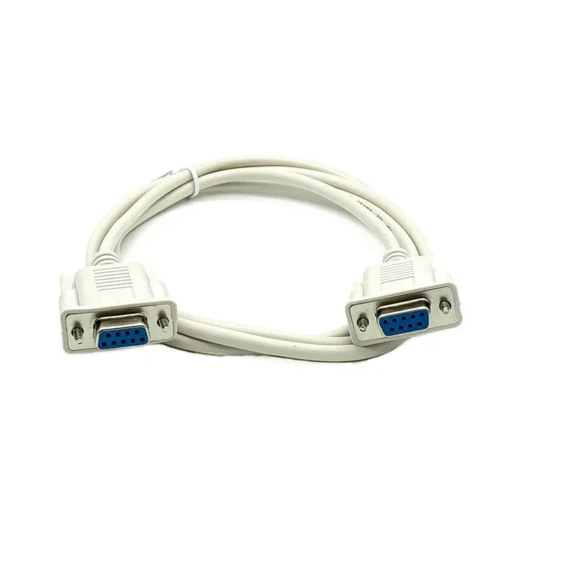 Close-up of a milky white DB9 female to female RS232 serial port cable, 1.5 metres long.