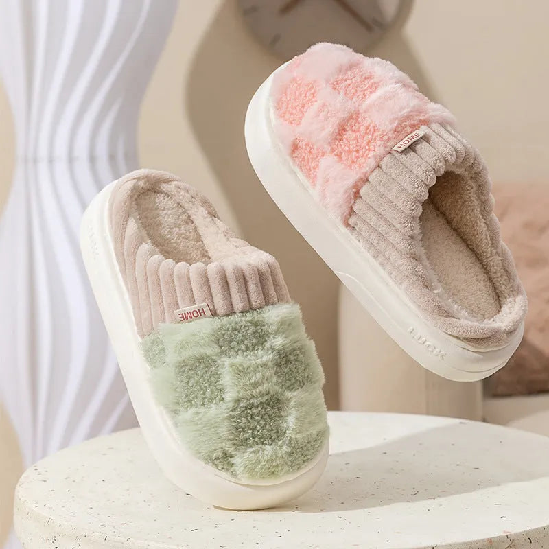 Women's plush coral velvet indoor slippers with a non-slip PVC sole, shown in various colours.
