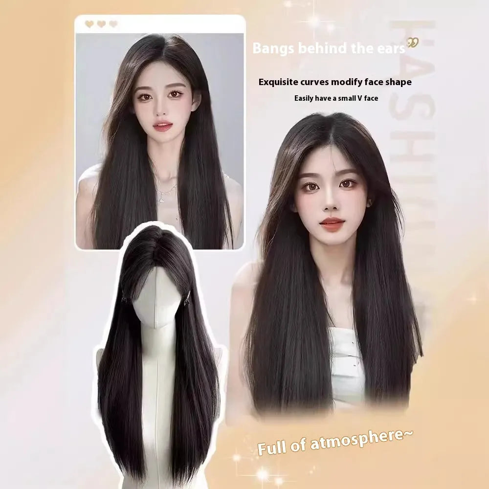 Long straight black synthetic wig with side bangs on a wig head, showing full-head construction.