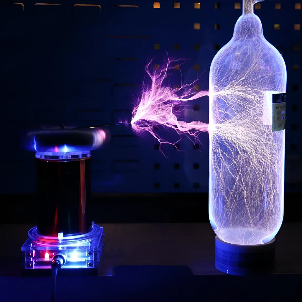 220V Tesla coil driver board with controller generating musical plasma arcs for demonstrations