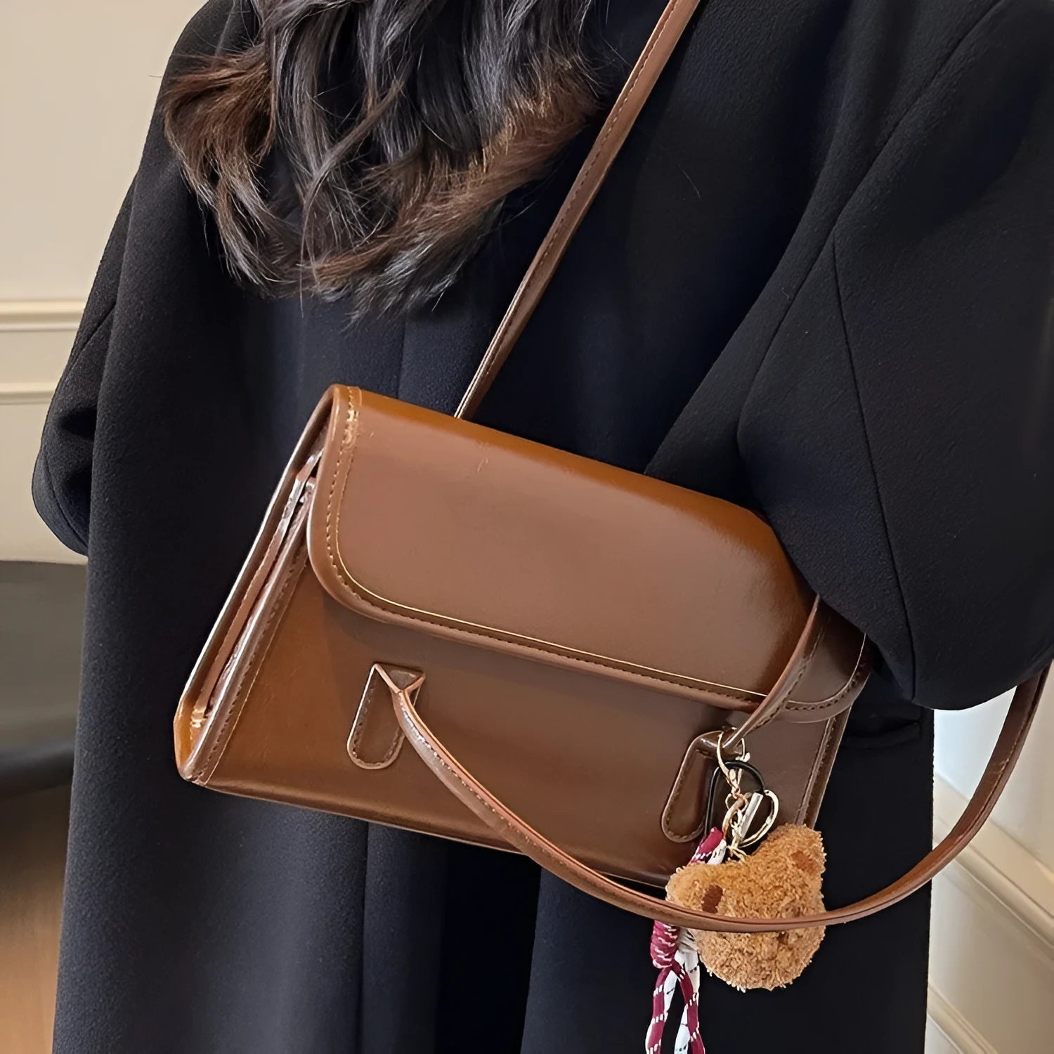 Women's brown PU leather square shoulder bag with decorative pendant and double strap