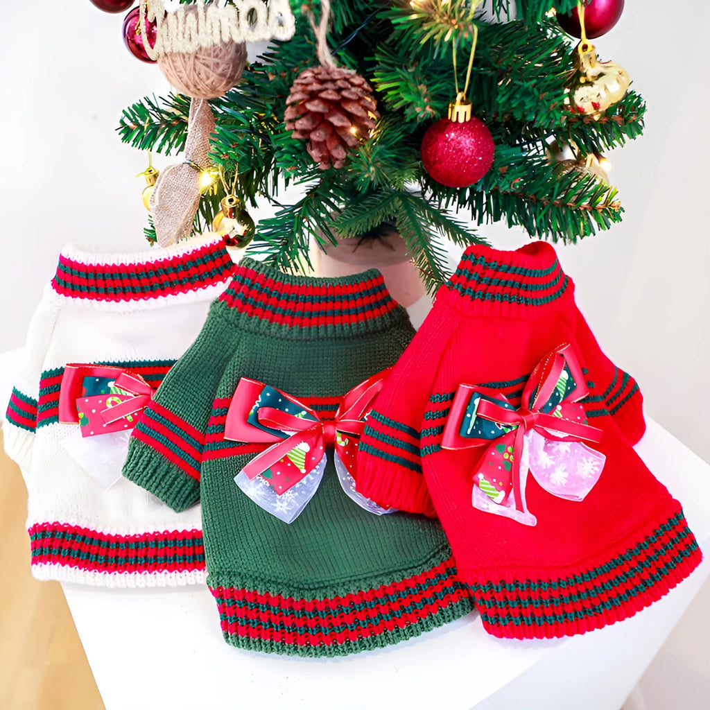 Red Christmas dog jumper on small dog showing crew neck design and festive colour