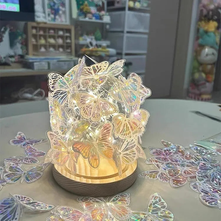 Butterfly night light DIY kit with glass lampshade and raw wood base measuring 12x15cm