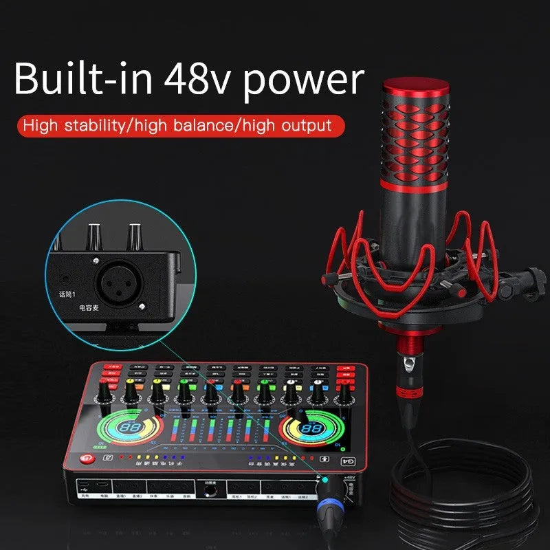 G4 professional sound card set with mixer, large diaphragm microphone, remote control, and audio cables on a desk.